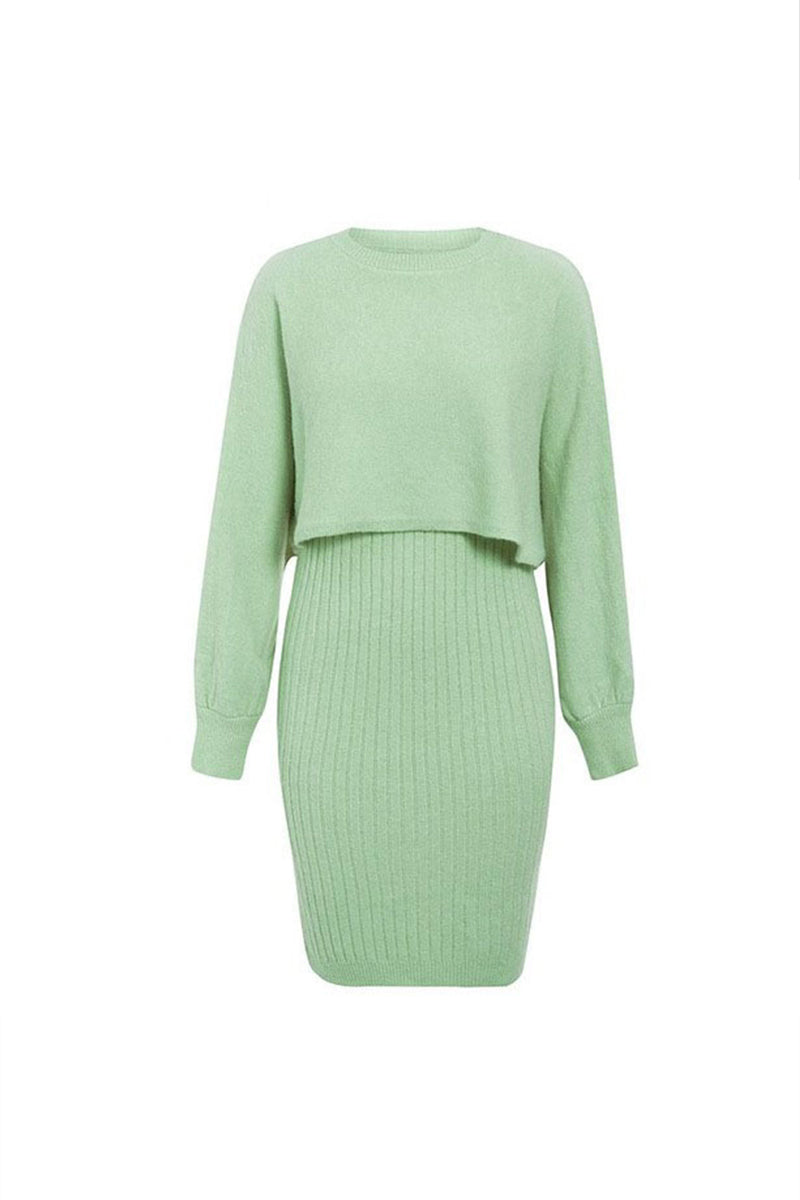 Cropped Lantern Sleeve Sweater and Ribbed Knit Midi Dress Two Piece Set 3