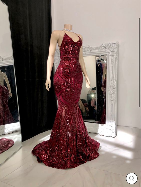 Sexy Burgundy Mermaid Prom Dresses Straps Glitter Sequins Evening Dress cc1182