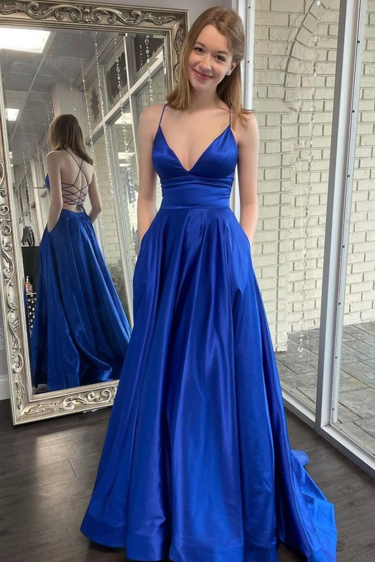 Blue Satin Long Prom Dresses, A-Line Backless Evening Dresses with Pockets cc1367