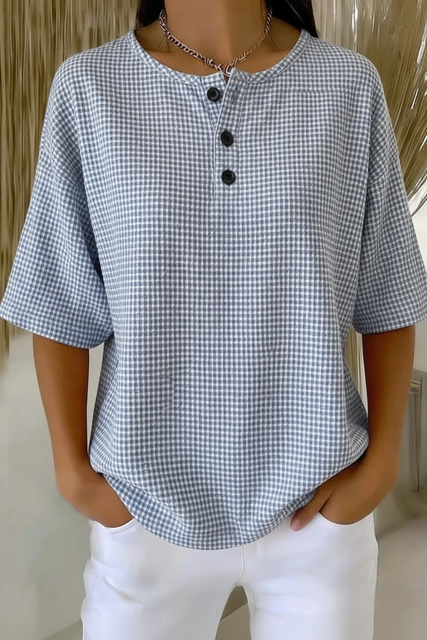 Womens Gray Gingham Button Detail Waffle Knit Short Sleeve Top RSHW1712