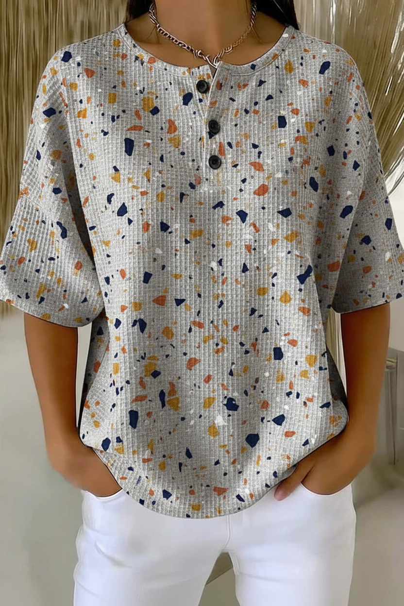 Womens Gray Speckled Print Button Detail Waffle Knit Short Sleeve Top RSHW1720