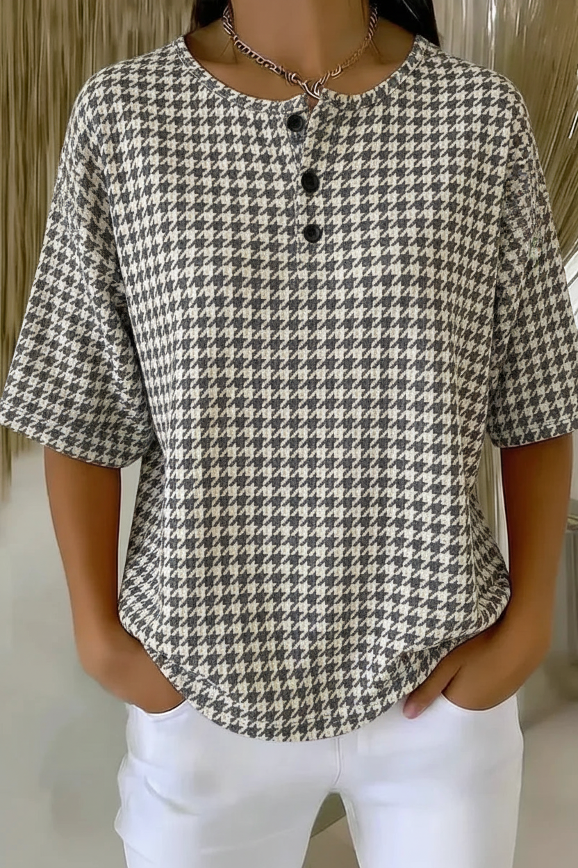 Womens Gray Houndstooth Button Detail Waffle Knit Short Sleeve Top RSHW1724