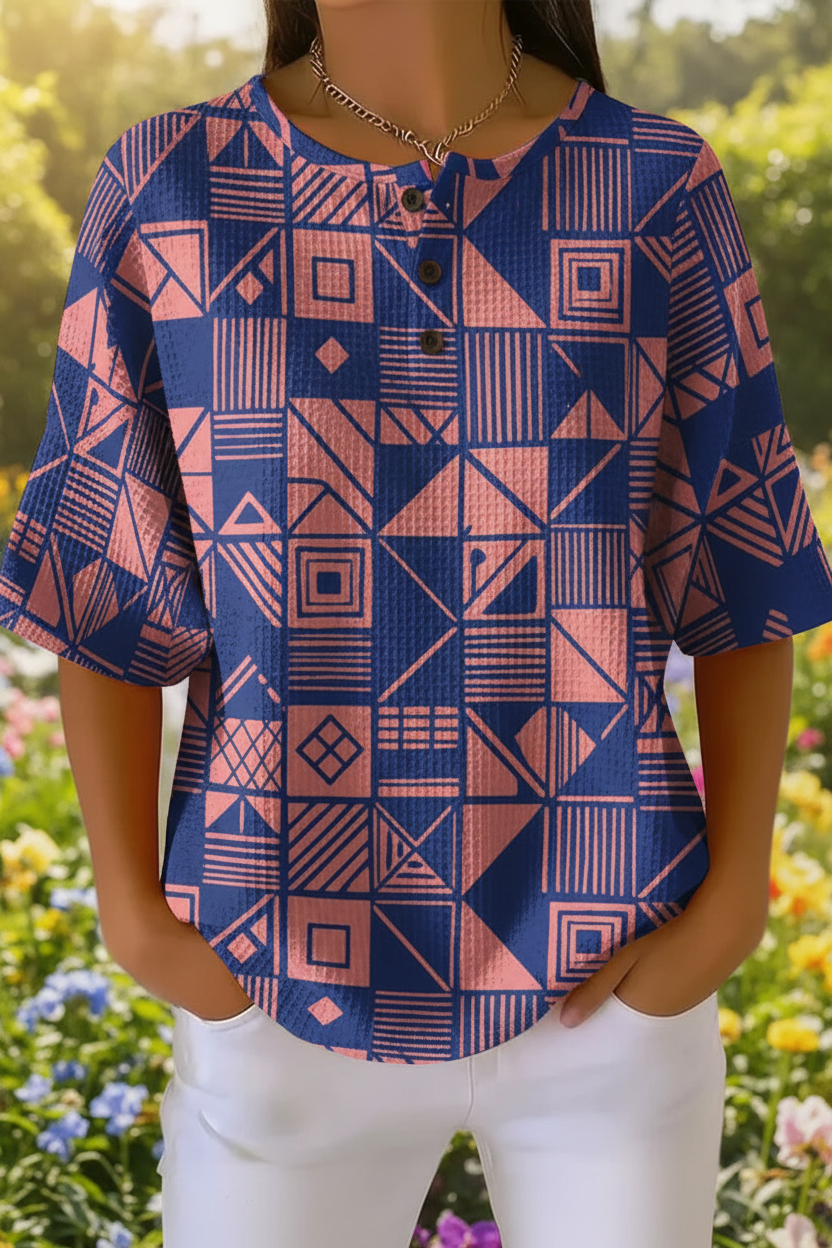 Geometric Print Short Sleeve Waffle Henley Top