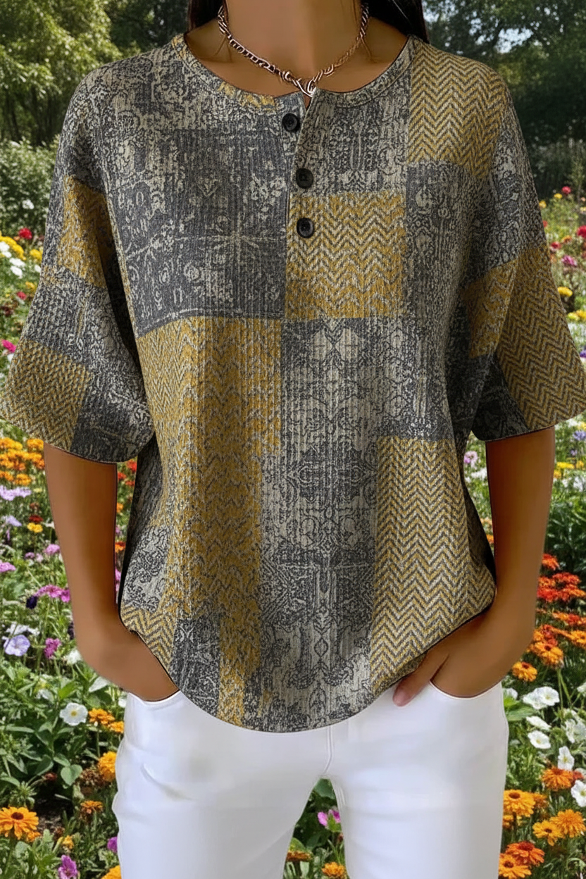 Womens Vintage Patchwork Art Pattern Print Casual Waffle Cotton Shirt RSHW3311