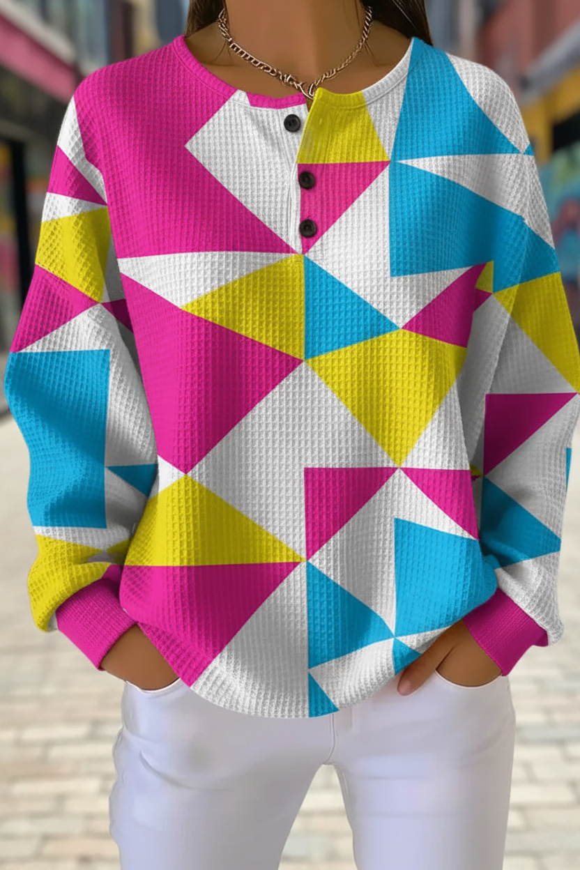 Geometric Triangle Print Waffle Knit Henley Sweatshirt