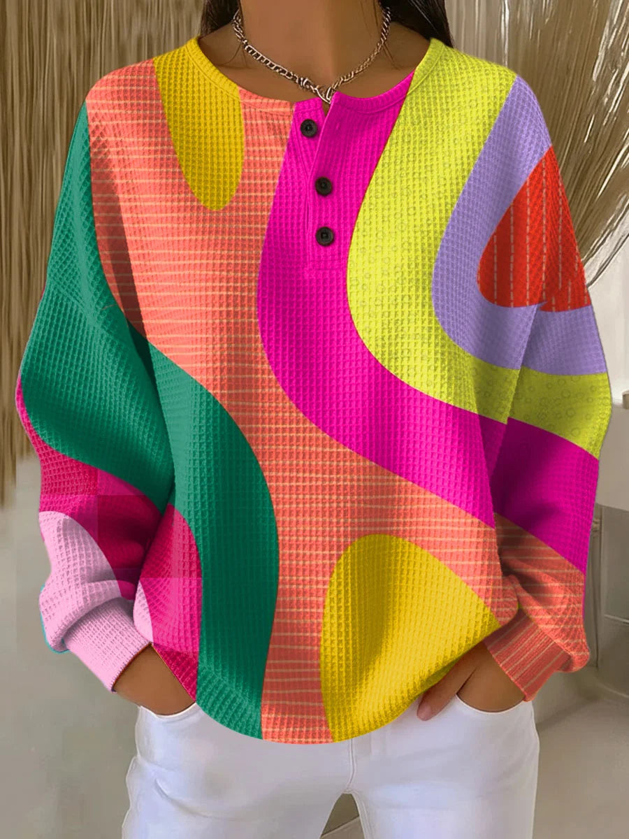 Abstract Print Waffle Knit Long Sleeve Henley Sweatshirt