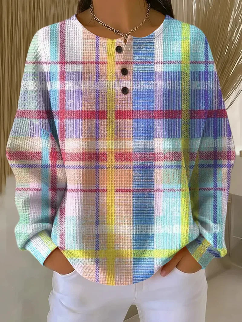 Women's Plaid Pattern Art Print Casual Waffle Sweatshirt RSWF612