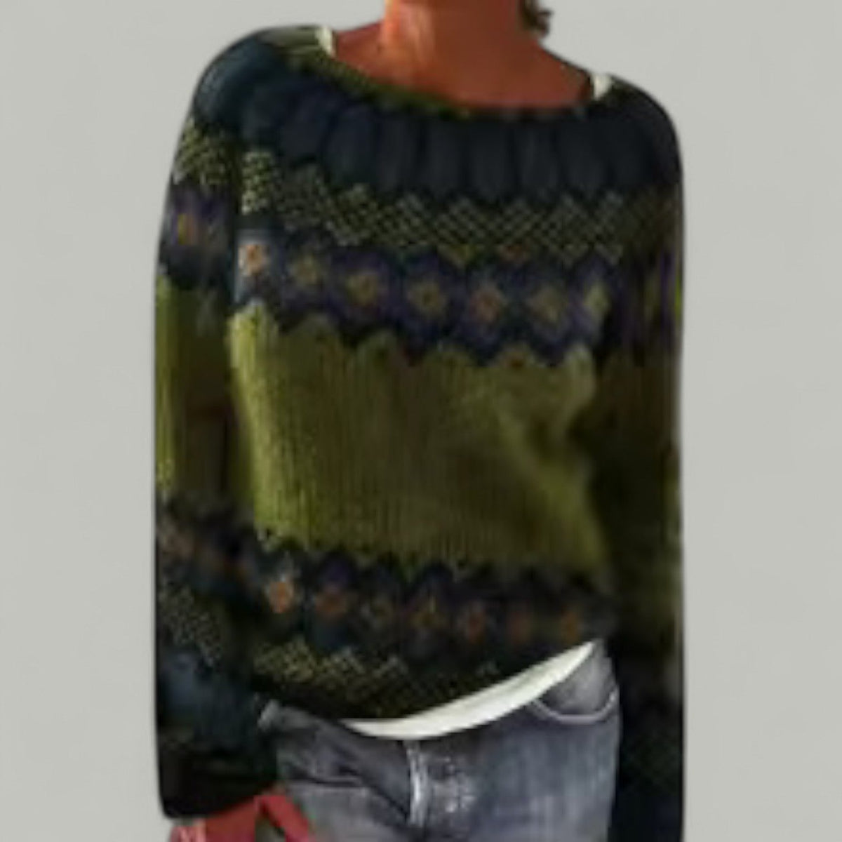 Boat Neck Long Sleeve Fair Isle Knit Sweater