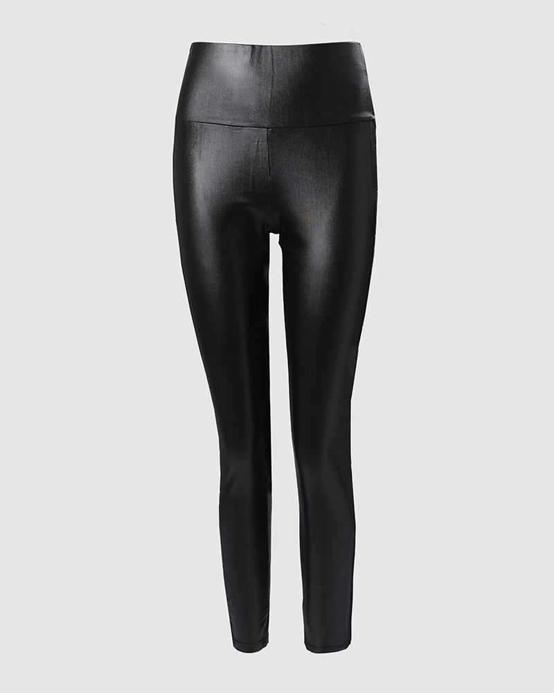 Black Skinny Pants High Waist Stretch PU Leather