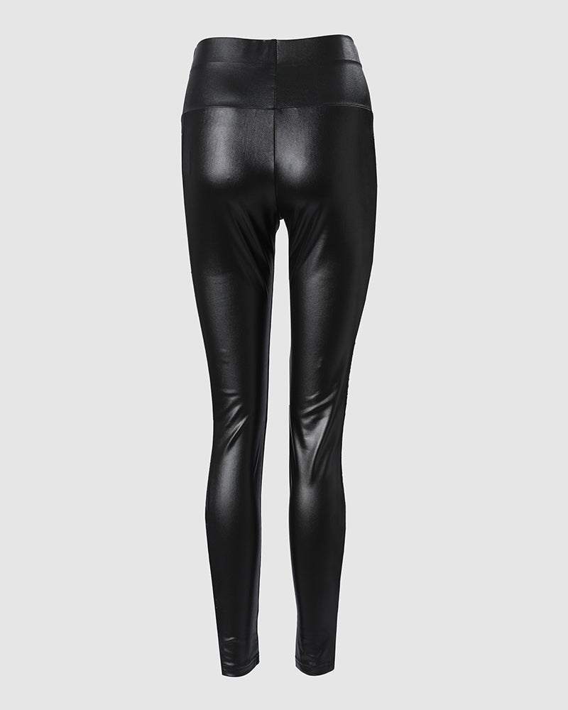 Black Skinny Pants High Waist Stretch PU Leather