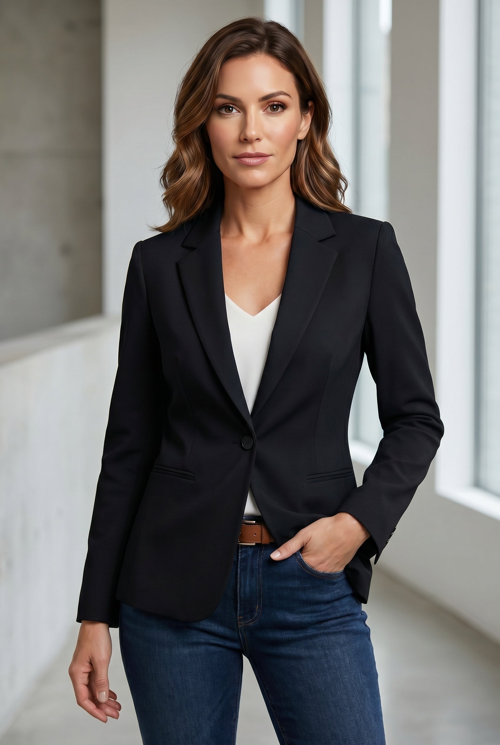 Elegant Tailored Slim Fit Blazer with Padded Shoulders & Pocket Detail - Jamota