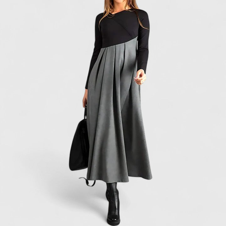 Contrast Long Sleeve Pleated A-Line Maxi Dress