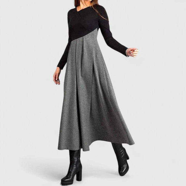 Contrast Long Sleeve Pleated A-Line Maxi Dress