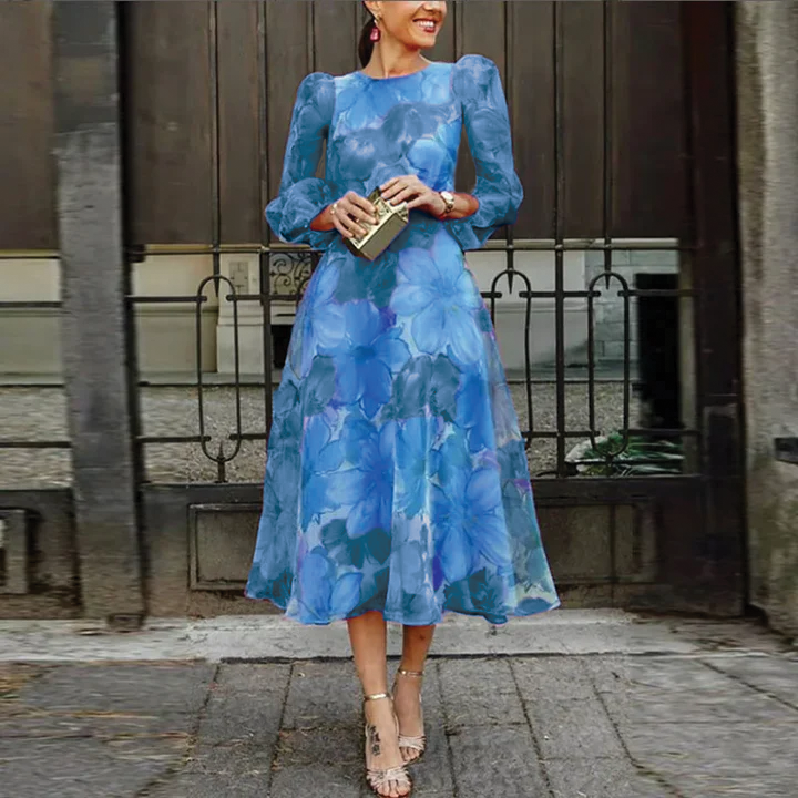 Floral Organza Puff Sleeve Fit and Flare Midi Dress 2