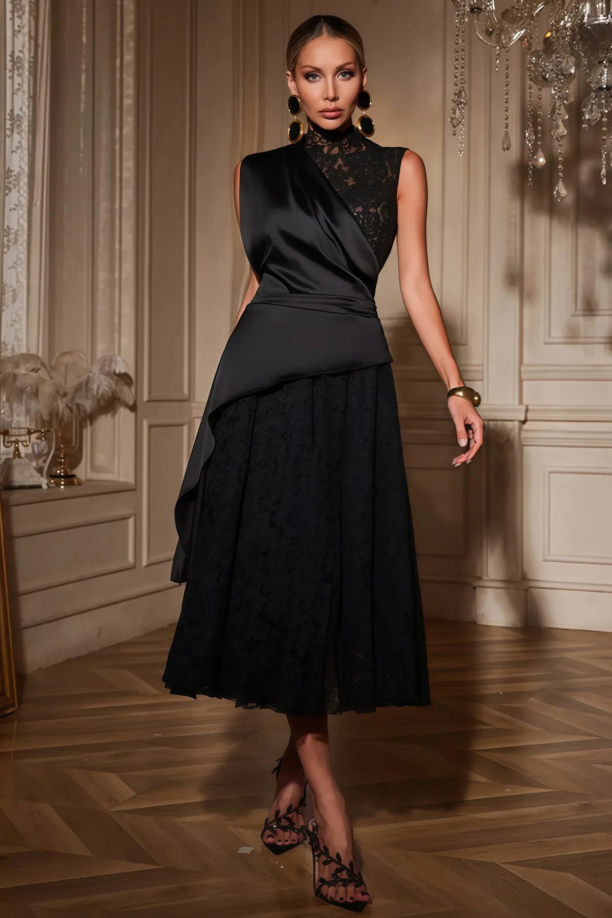 Lace Mock Neck Sleeveless Satin Draped Overlay Midi Dress