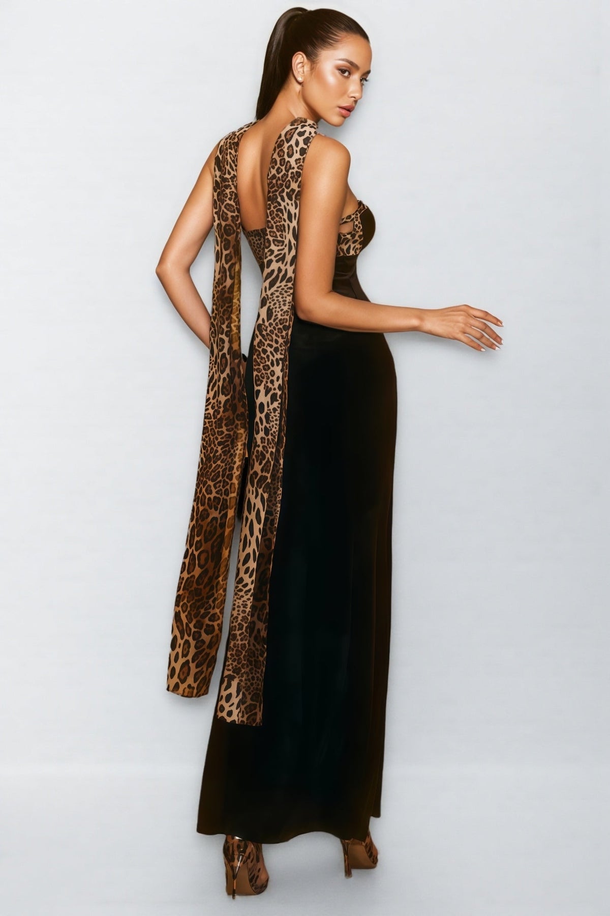 Strapless Leopard Print Trim Velvet Scarf Neck Maxi Dress 4