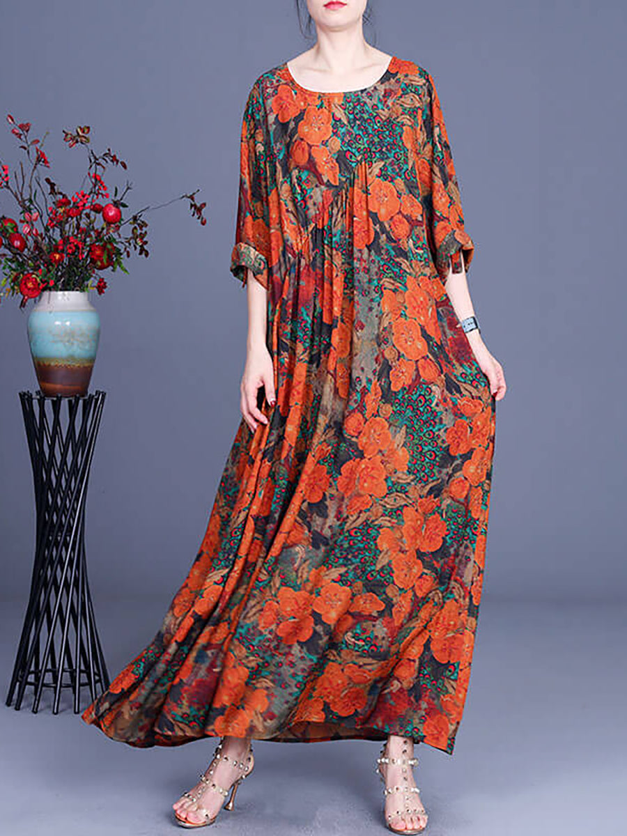 Vintage Floral Irregular Casual Maxi Dress - Omychic