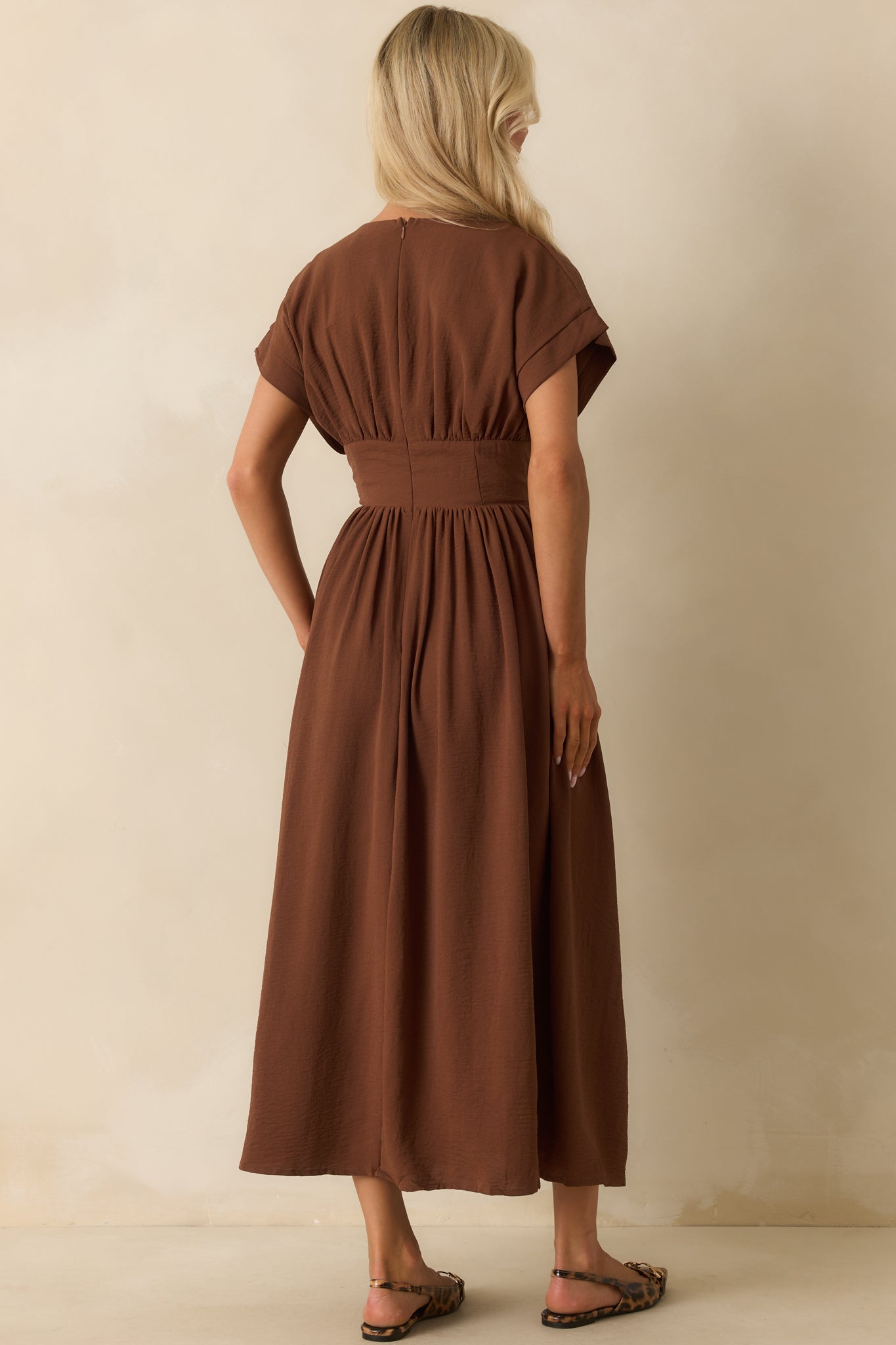 Round Neck Short Sleeve Ruched Waist Midi Dress 7