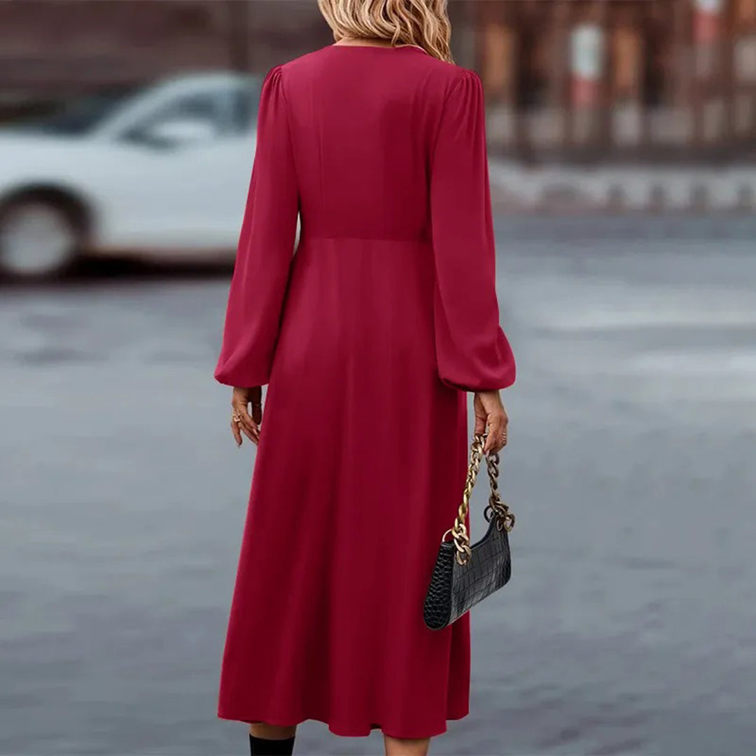 V-Neck Long Lantern Sleeve Button Front Pleated Maxi Dress 9
