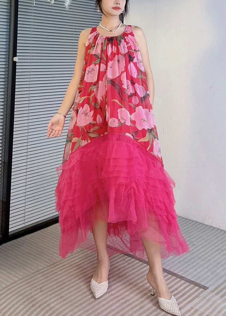 Floral Print Gathered Round Neck Tiered Ruffle Tulle High Low Sleeveless Dress