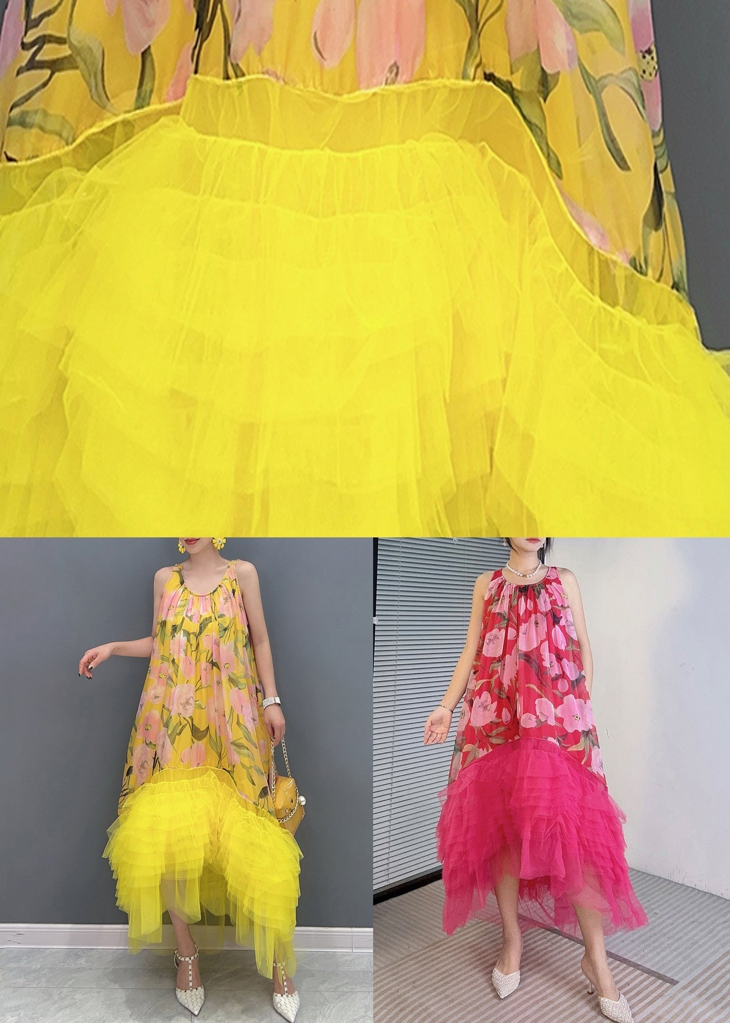 Floral Print Gathered Round Neck Tiered Ruffle Tulle High Low Sleeveless Dress