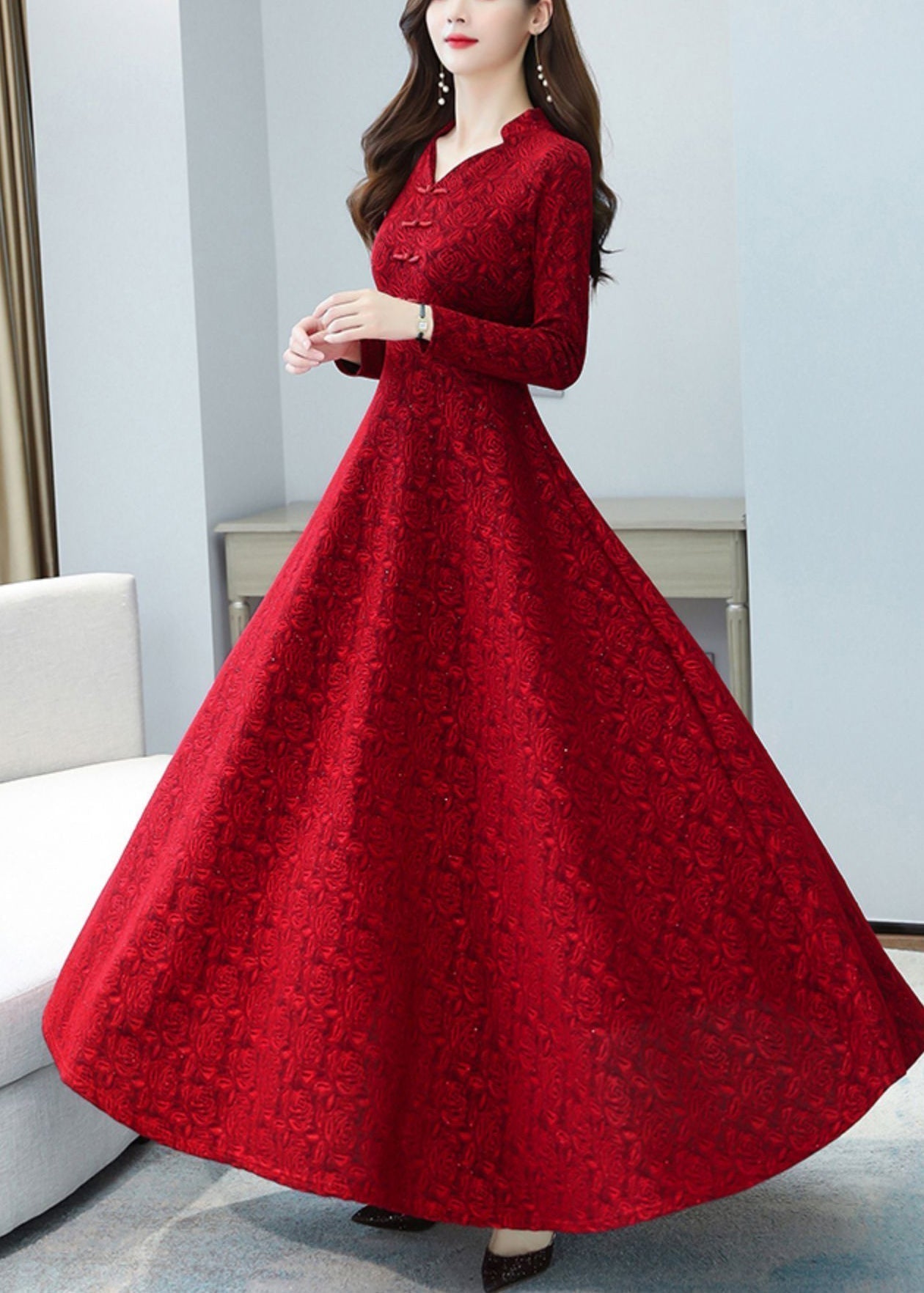 Jacquard Rose Embossed Mandarin Collar Frog Button Long Sleeve A-Line Maxi Gown