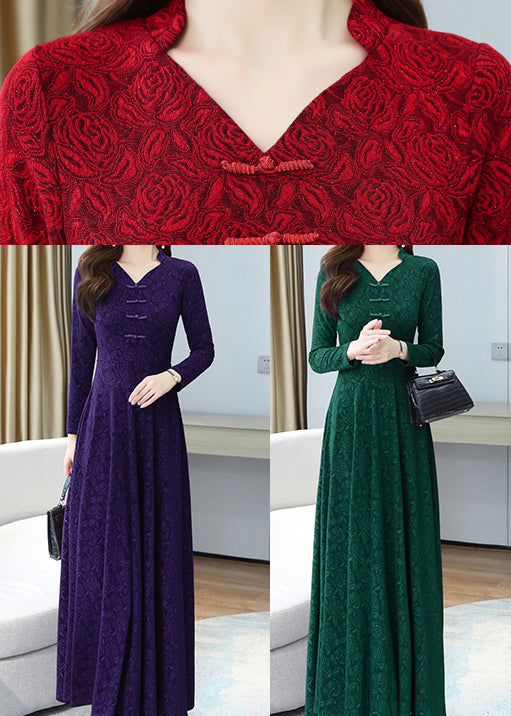 Jacquard Rose Embossed Mandarin Collar Frog Button Long Sleeve A-Line Maxi Gown