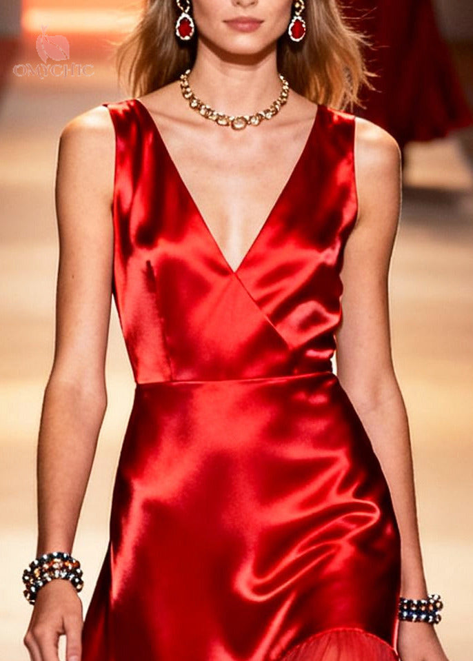 Satin Deep V-Neck Sleeveless Tiered Ruffle Chiffon Overlay Ankle Length Gown
