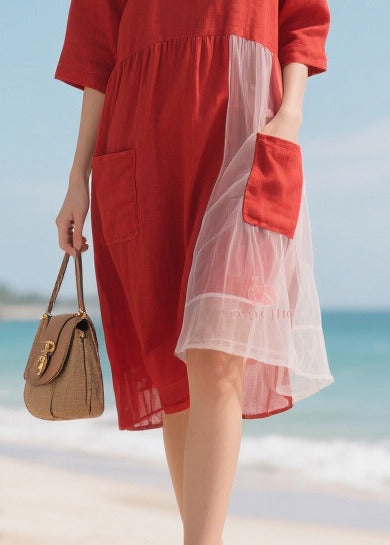 Round Neck Elbow Sleeve Patch Pocket Tulle Panel Asymmetrical Midi Dress