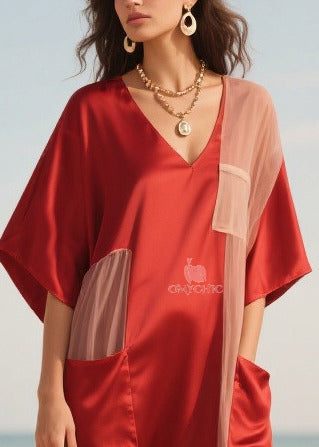 Mesh Side Panel Deep V-Neck Kimono Sleeve Patch Pocket Midi Dress