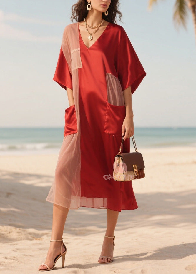 Mesh Side Panel Deep V-Neck Kimono Sleeve Patch Pocket Midi Dress