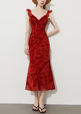 Red Print Chiffon Ankle Dress Ruffled Summer