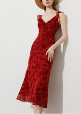 Red Print Chiffon Ankle Dress Ruffled Summer 2