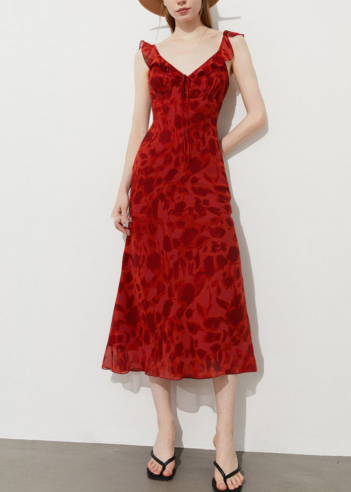Red Print Chiffon Ankle Dress Ruffled Summer 3