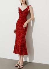 Red Print Chiffon Ankle Dress Ruffled Summer 4