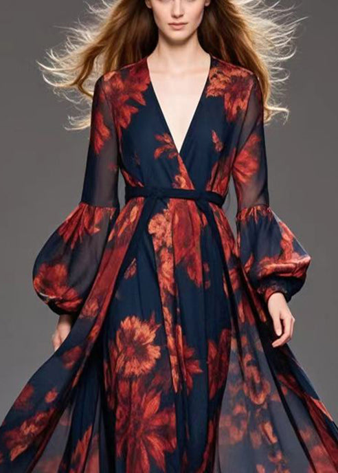 Floral Print Deep V-Neck Wrap Bishop Sleeve Tie Waist Chiffon Maxi Gown