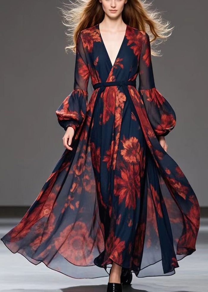 Floral Print Deep V-Neck Wrap Bishop Sleeve Tie Waist Chiffon Maxi Gown