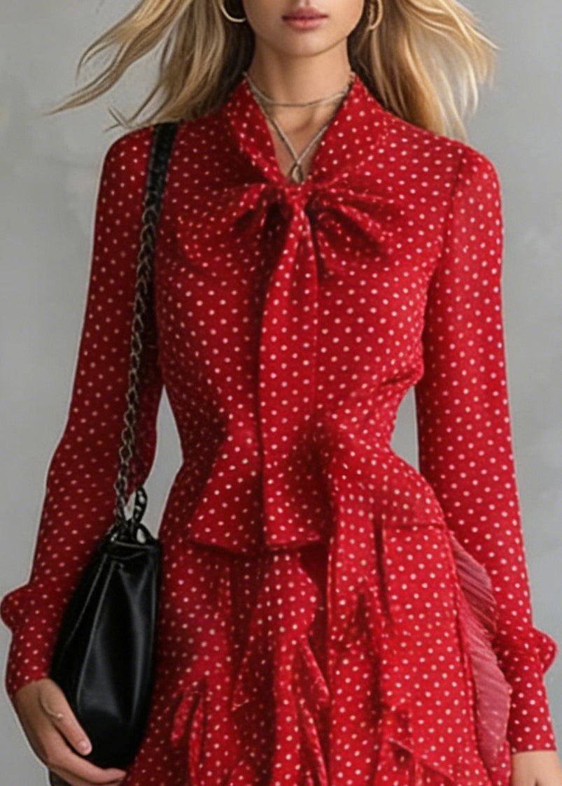Polka Dot Chiffon Pussy Bow Long Sleeve Tiered Ruffle Midi Dress