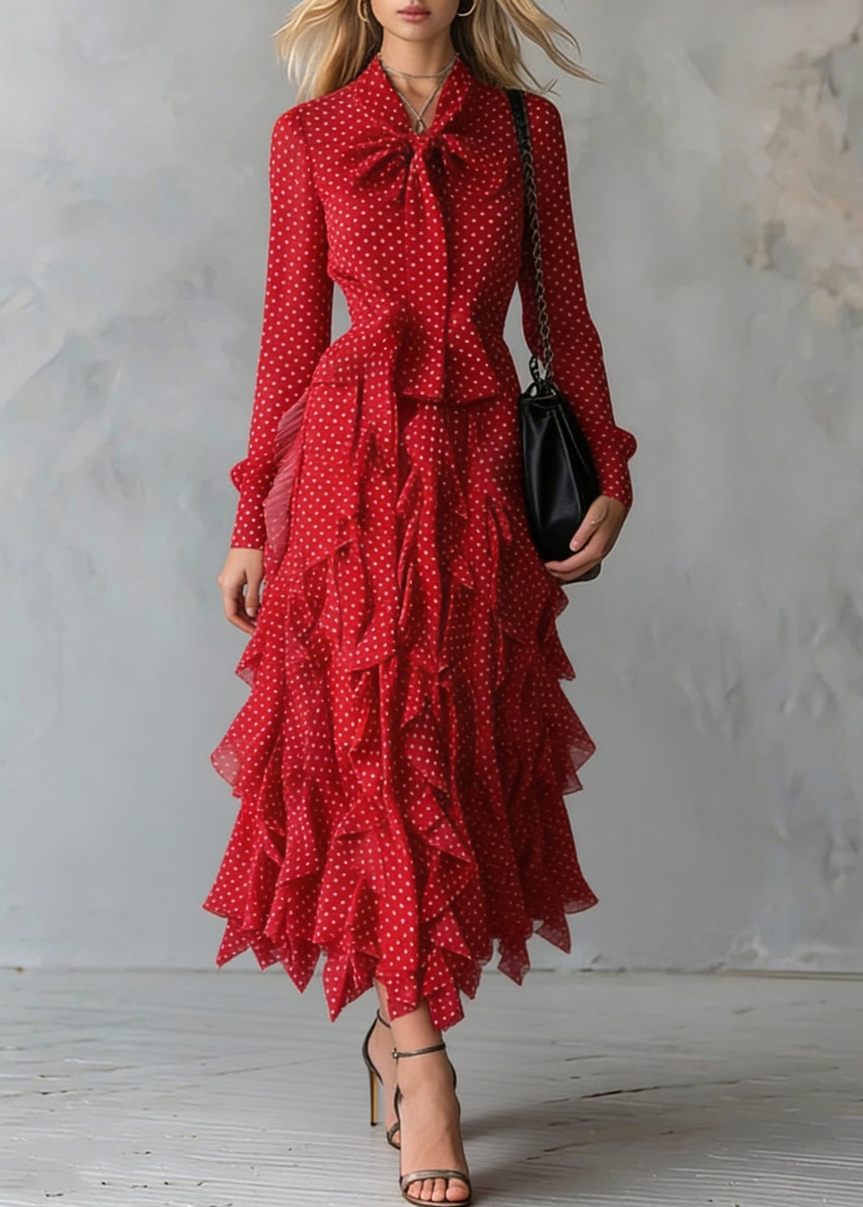 Polka Dot Chiffon Pussy Bow Long Sleeve Tiered Ruffle Midi Dress