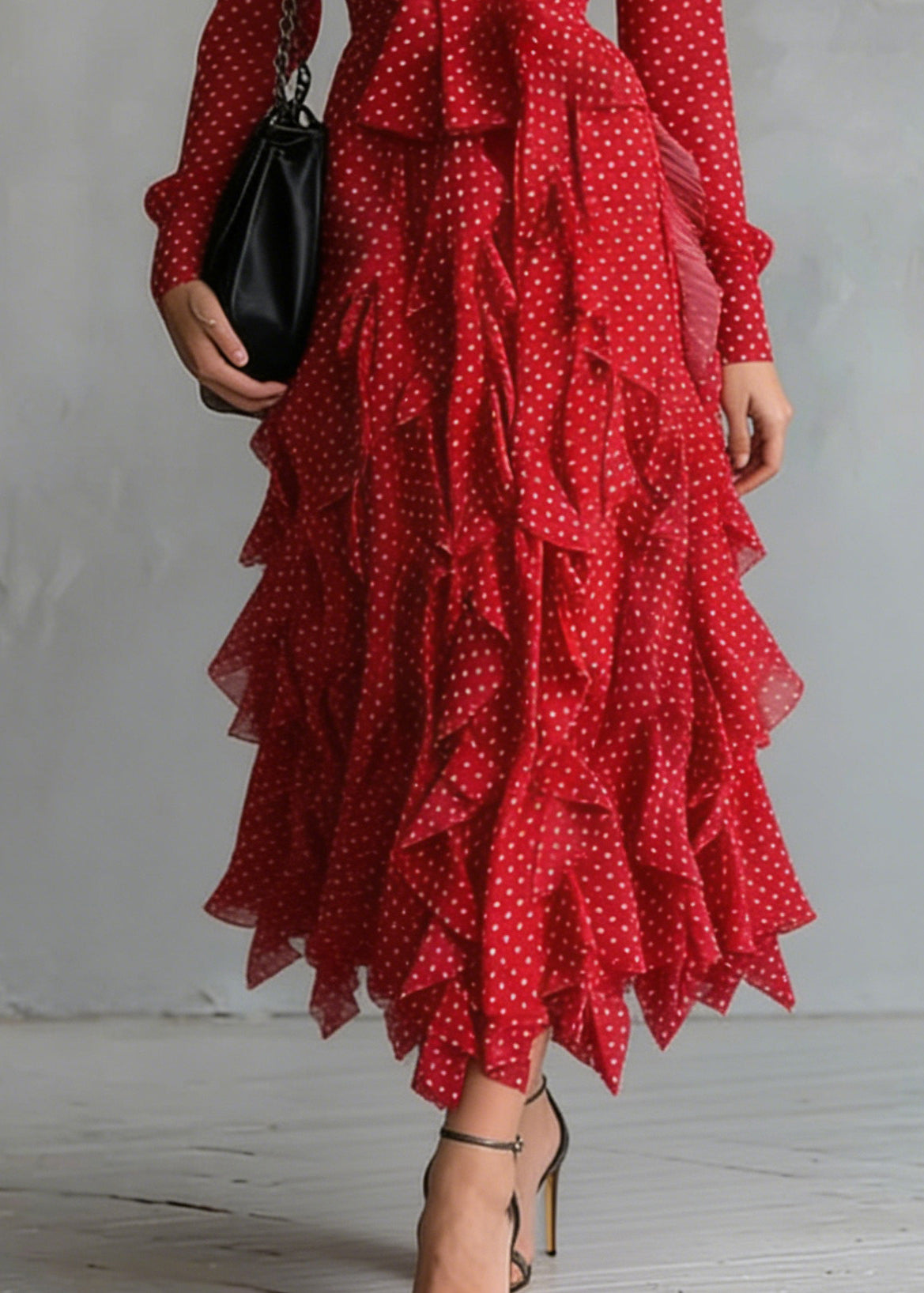Polka Dot Chiffon Pussy Bow Long Sleeve Tiered Ruffle Midi Dress