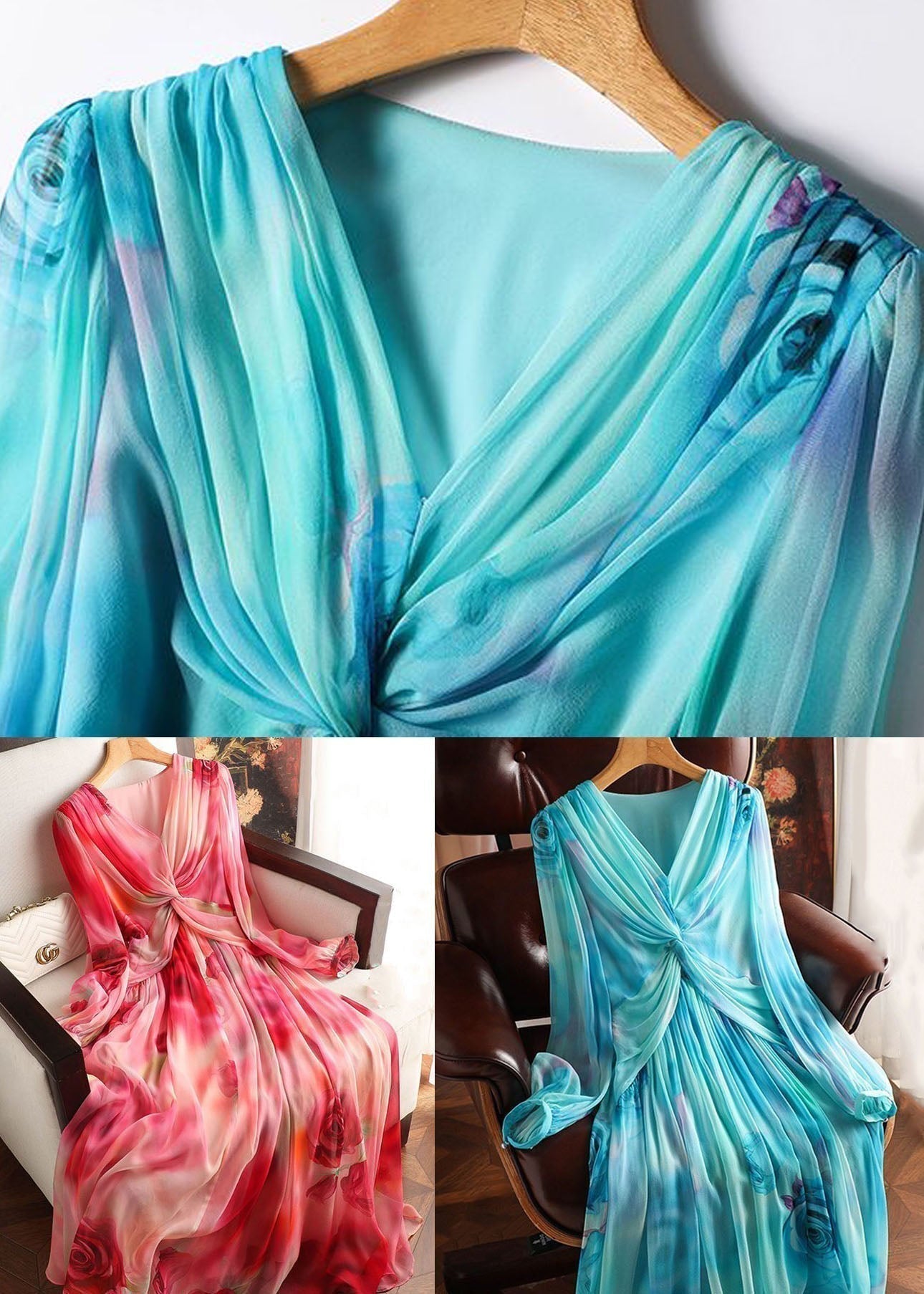 Floral Print Deep V-Neck Long Sleeve Twist Front Flowy Maxi Dress