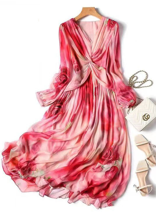 Floral Print Deep V-Neck Long Sleeve Twist Front Flowy Maxi Dress