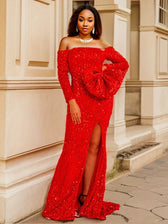 Red Sequined Split Maxi Party Dress / S Partydress-241208