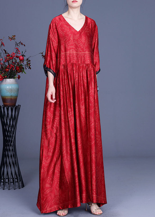 Satin Botanical Print V-Neck Contrast Trim Elbow Sleeve Empire Waist Gathered Maxi Dress