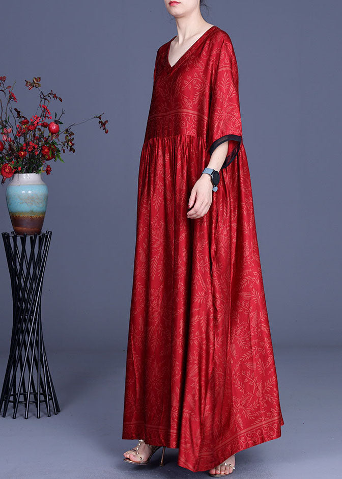 Satin Botanical Print V-Neck Contrast Trim Elbow Sleeve Empire Waist Gathered Maxi Dress