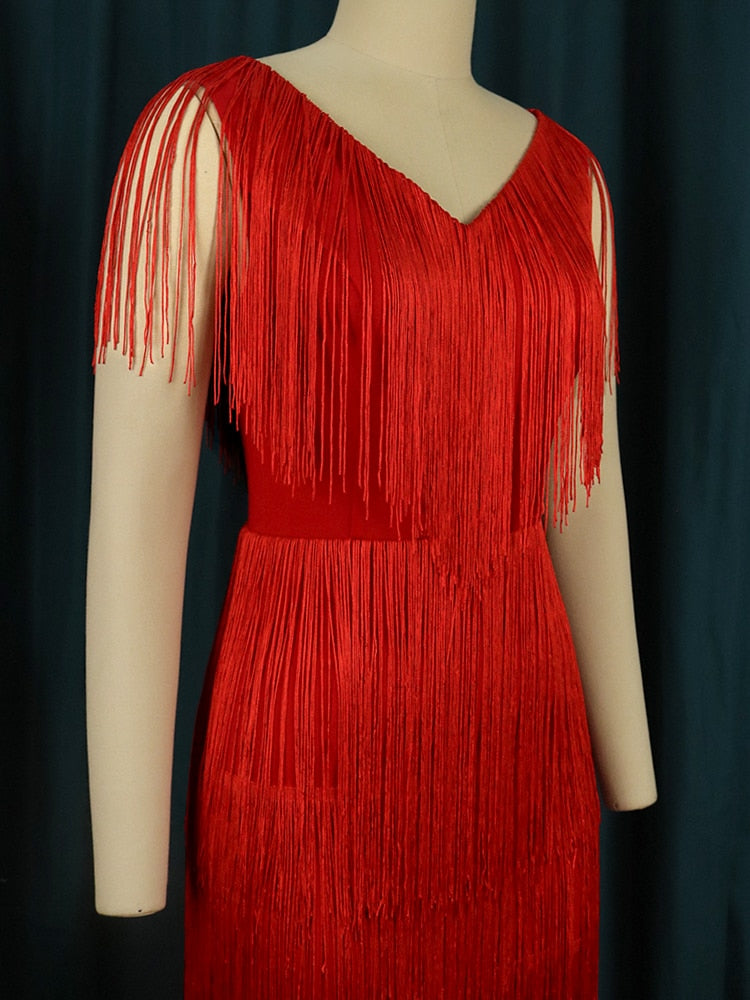 Scoop Neck Cap Sleeve Tiered Fringe High Split Midi Cocktail Dress