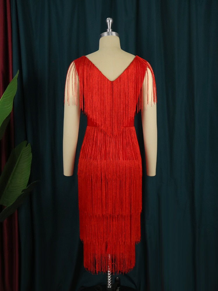 Scoop Neck Cap Sleeve Tiered Fringe High Split Midi Cocktail Dress