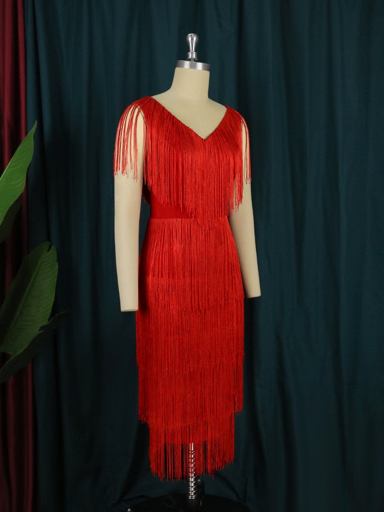 Scoop Neck Cap Sleeve Tiered Fringe High Split Midi Cocktail Dress