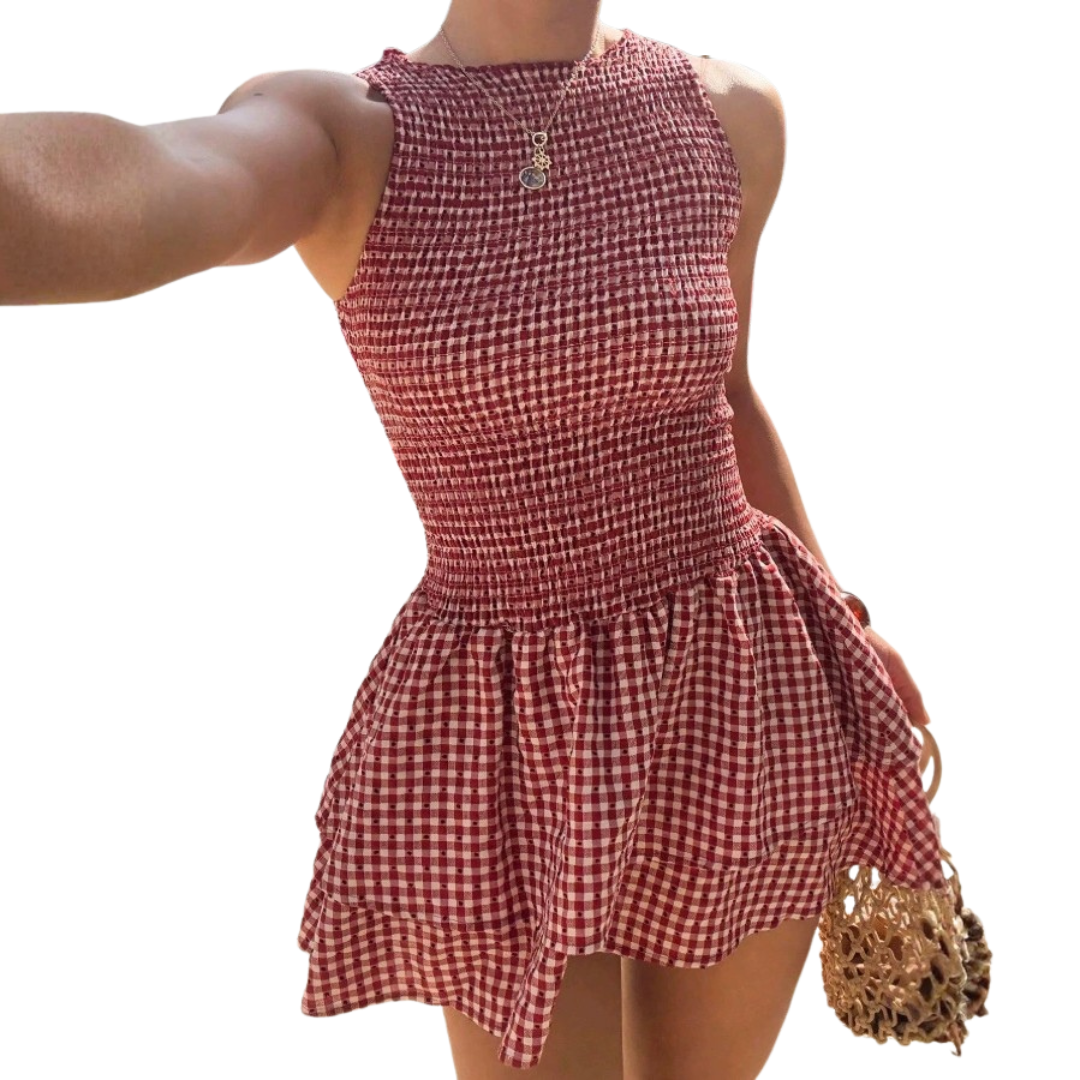 Gingham High Neck Smocked Tiered Ruffle Mini Dress