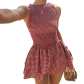 Gingham High Neck Smocked Tiered Ruffle Mini Dress